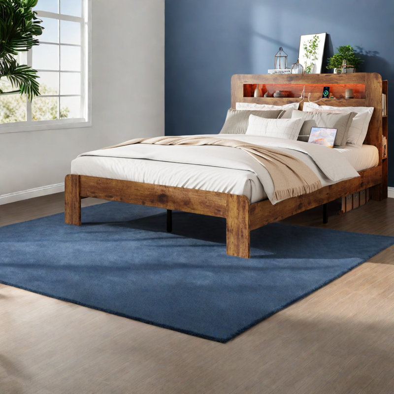 Lits de rangement, bois et métal brun foncé, USB à DEL rustique, usage domestique