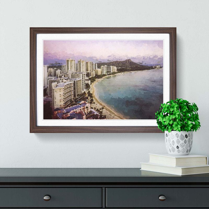 Dusk View of Waikiki Beach - Framed Print, 62cm H x 87cm W x 2cm D, Walnut Framed