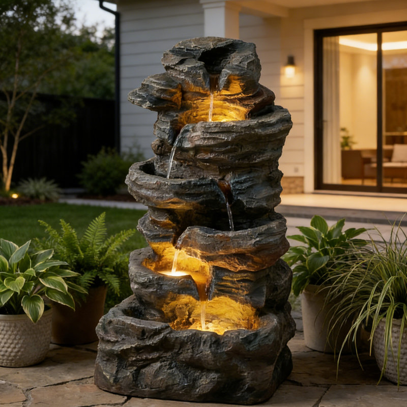 35" Outdoor Rock Waterfall Fountain With LED Lights, Resin Natural Stacked Stone Water Feature For Patio Garden