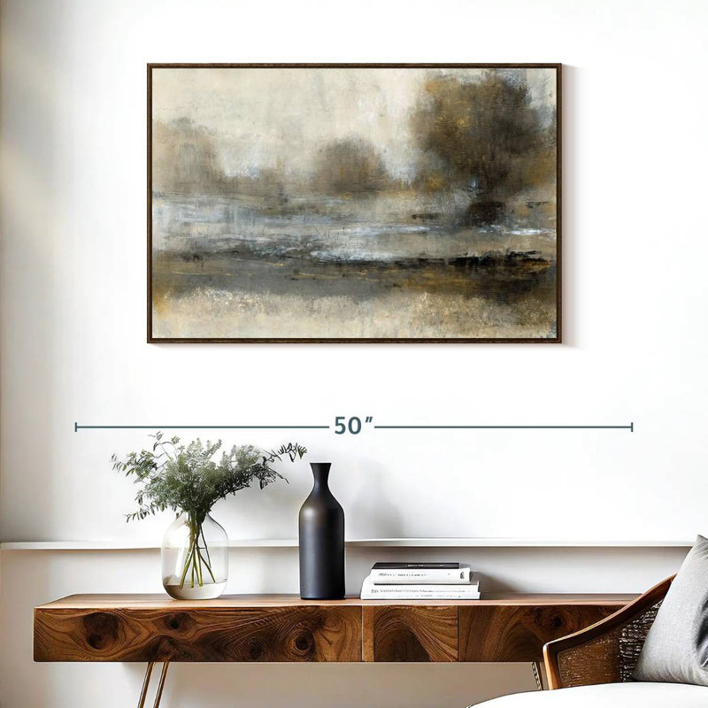 Paysage doré I, 37 po x 25 po, Cadre flottant en noyer