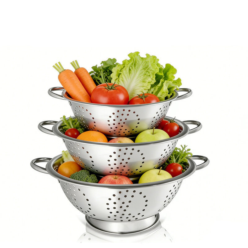 Ensemble de passoires en acier inoxydable de 3, 1 3 5 pintes de cuisine par Whysko, passoires gigognes multifonctionnelles, tamis une pièce résistant à la rouille, poignées à prise sécuritaire, filet de vidange rapide, rangement empilable, pour égoutter les pâtes de riz, les fruits et les légumes