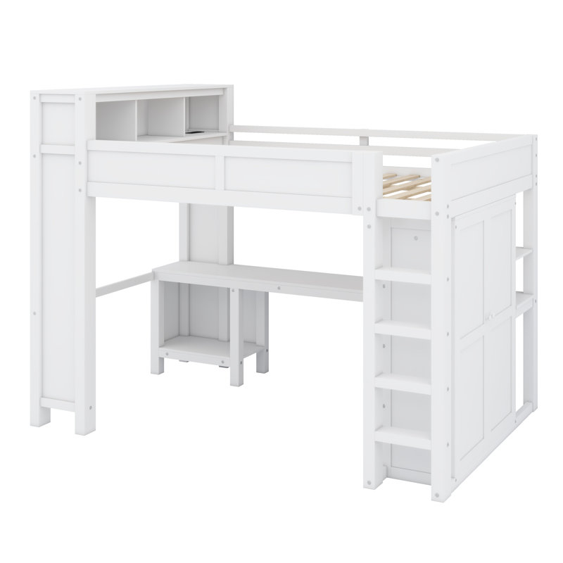Lit mezzanine multifonctionnel avec tête de lit, placard et poste de travail, Blanc