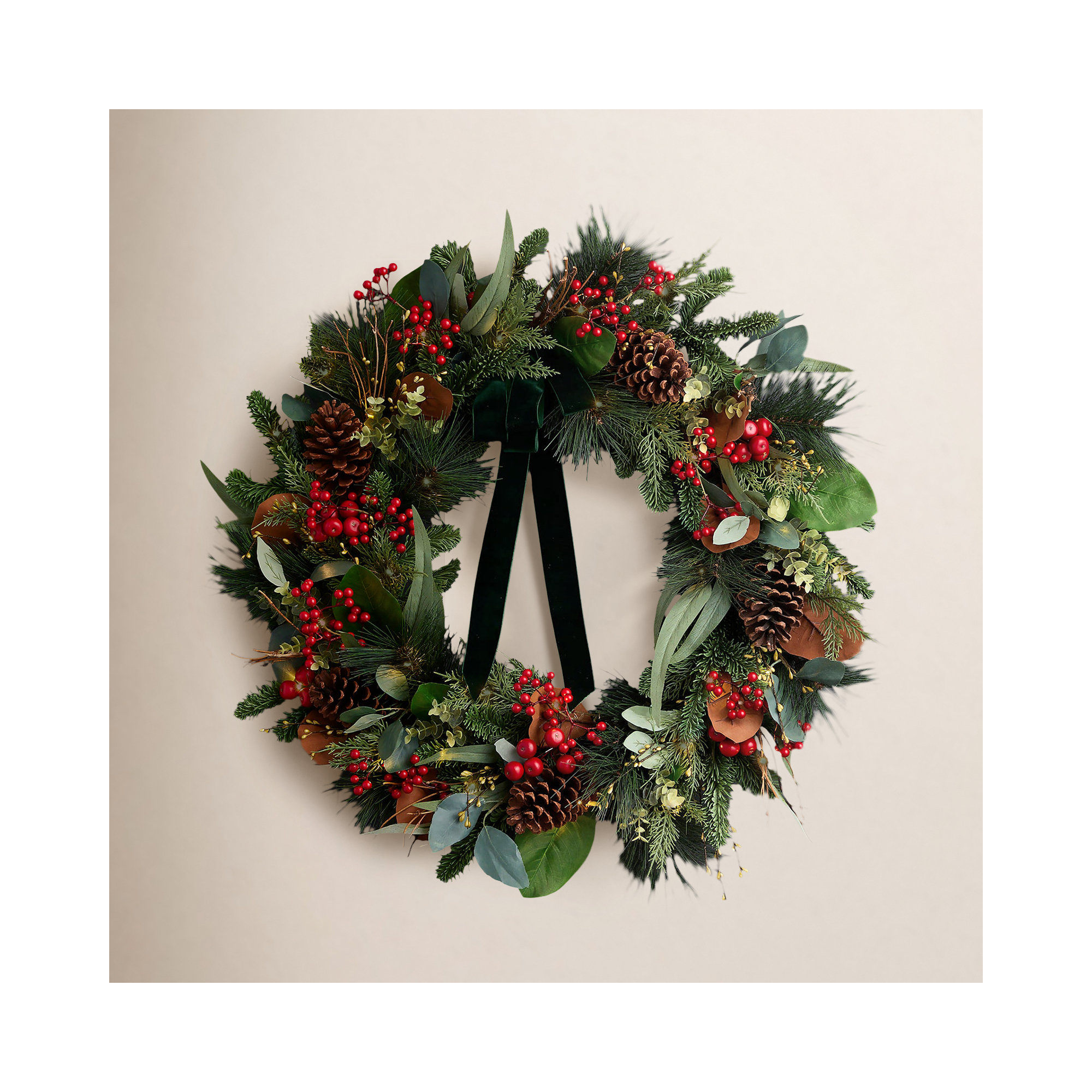 Magnolia Leaf, Eucalyptus, and Berry 28in Wreath, Pre-Lit with 35 LED Fairy Lights B/O