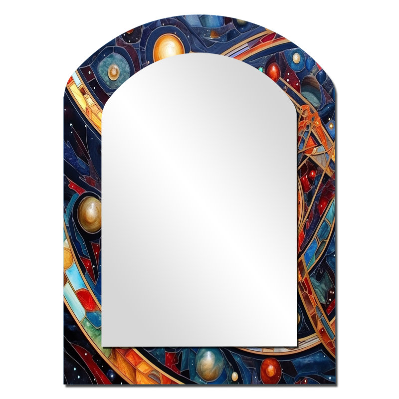 Orange orange bleu galactique I - miroir mural décoratif asymétrique Comets, miroir arqué moderne, impression d'art en métal