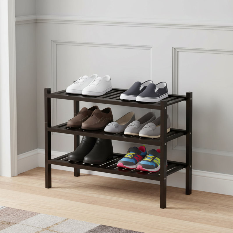 3-Tier Thickened Stackable Shoe Rack, Brown Bamboo Freestanding, Compatible With Closet Entryway And Other Small Spaces