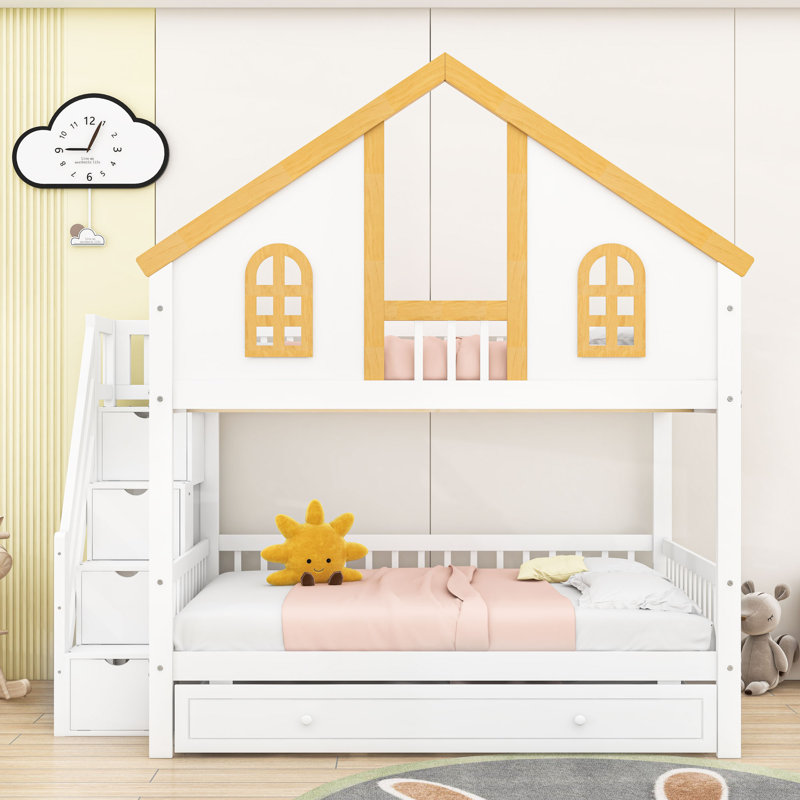 Wood Bunk Bed with Roof and Staircase and Trundle, Full Over Full