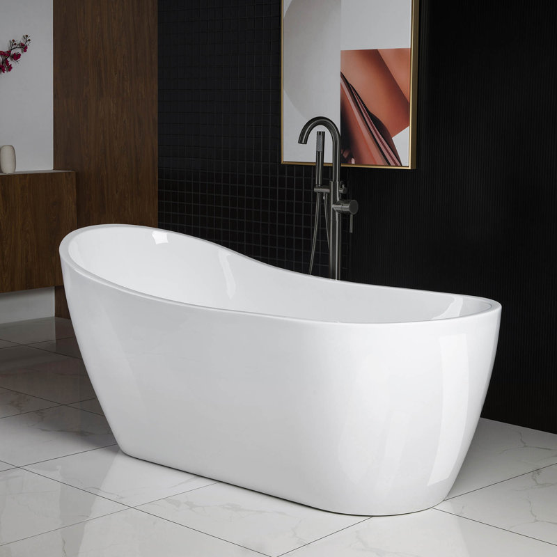 67" x 28" Freestanding Soaking Acrylic Single Slipper Bathtub with Reversible Drain, White/Matte Black