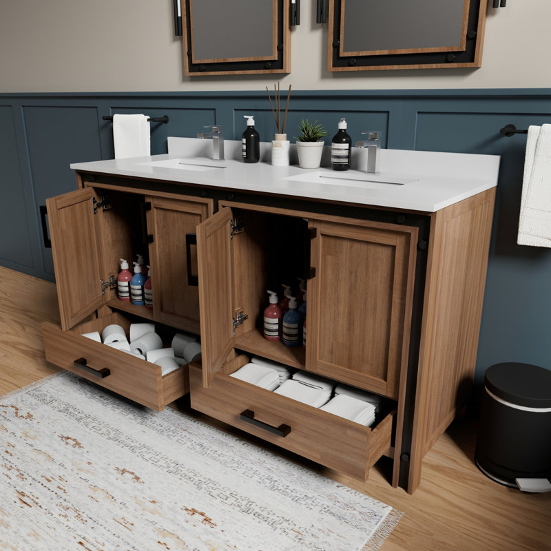 60 po W Double meuble-lavabo rustique - Miroirs 22 deux armoires et tiroirs pour un espace de rangement généreux entièrement assemblé