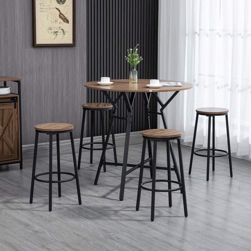 Industrial 5-Piece Bar Table and Chairs Set, Space Saving Dining Table with 4 Stools for Pub