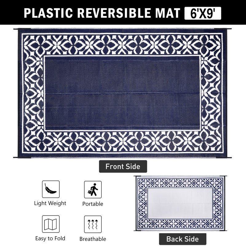 Moroccan Floral Border Blue Outdoor Area Rug, Rectangle 6' x 9'