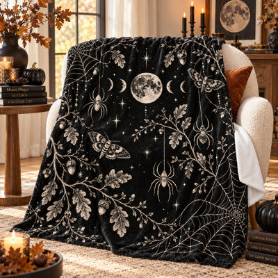 Woodland Moon Spider Flannel Throw Blanket, Black Oak Leaf Acorn Moth Web Print, Lightweight Couch Blanket for Sofa Bed Chair and Cozy Evenings, 50 x 60 in