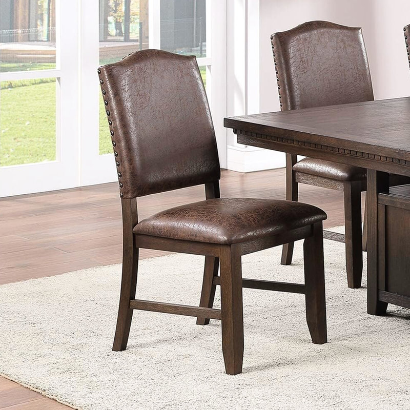Brown Faux Leather Dining Seats, Finish, Foam Padding, 2 Rustic Side Chairs, Cushioned, Solid Wood, 2