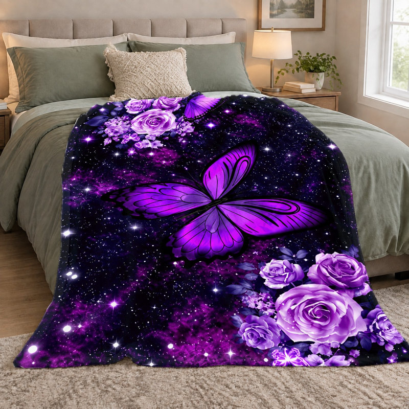 1pc Purple Butterfly Blanket, Galaxy Space Nebula Stars Rose Floral Throw, Soft Cozy Lightweight Warm Blanket for Sofa Couch Bed Living Room Dorm Office Travel, Home Decor All‑Season Gift,