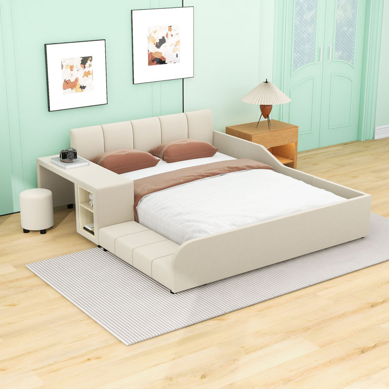 Lit plateforme tapissier en velours avec barrière de sécurité et bureau intégré, Grand lit, Beige