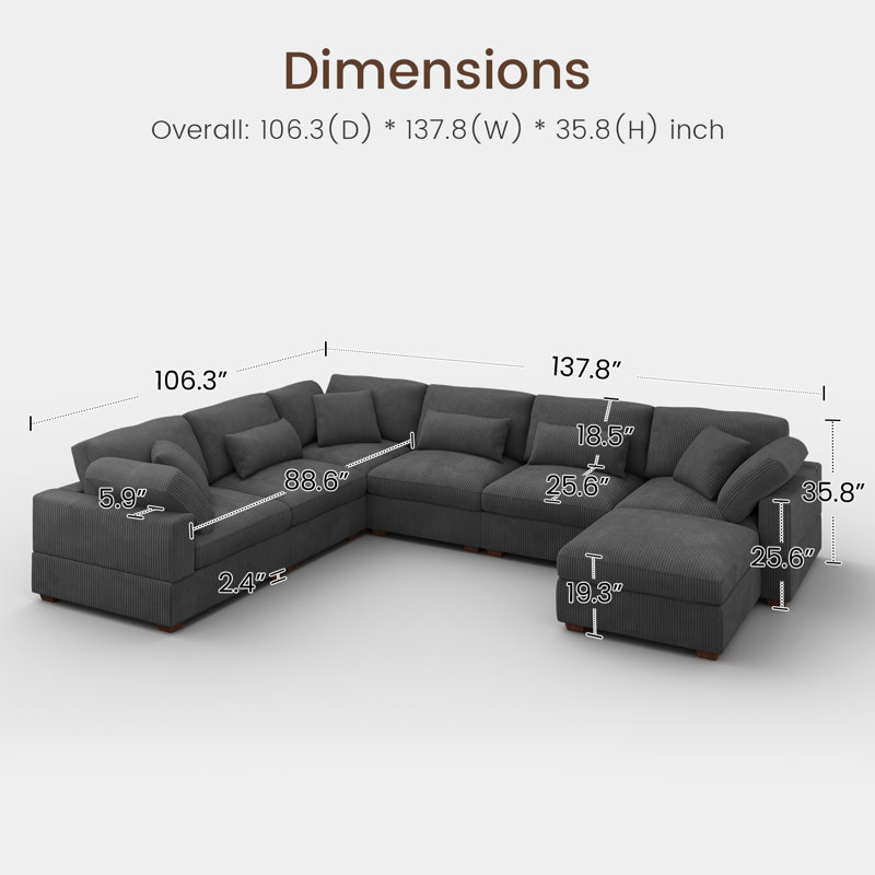 Bouley Modular U-shaped Upholstered Cloud Sectional Sofa Gray, Gray Corduroy