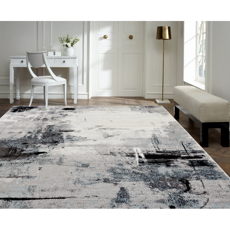 Stotfold Abstract Area Rug in White/Granite, Rectangle 5'3" x 7'6"