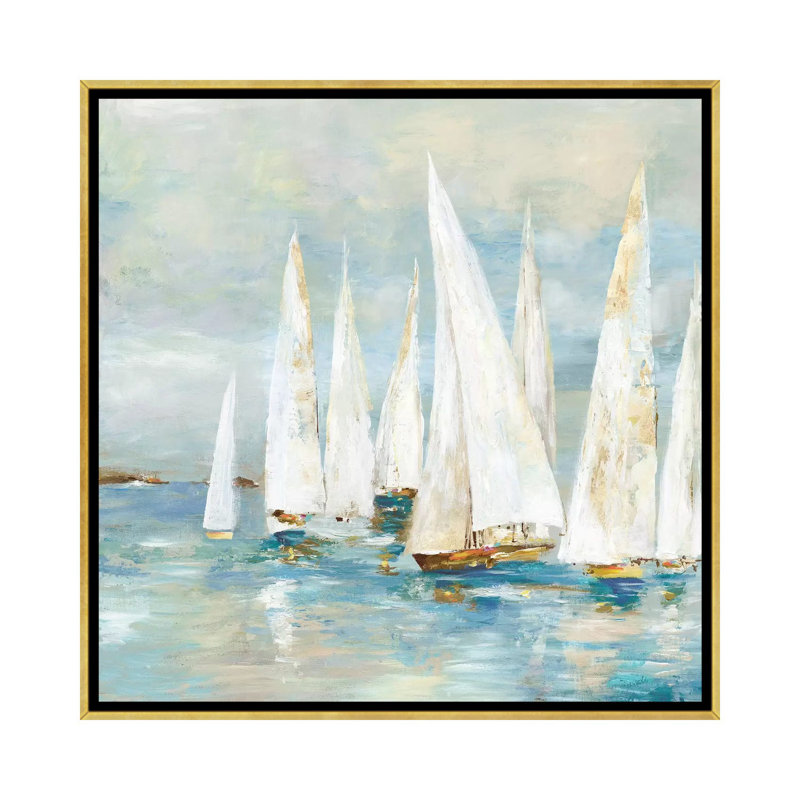 Voiliers blancs de Allison Pearce, reproduction d’art, H 18 po x l 18 po x 1,5 po, Toile encadrée d'or, Pas de tapis