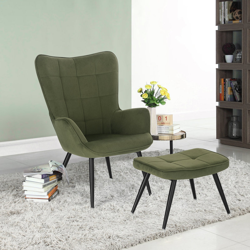 Nevin Velvet Accent Chair with Footstool, Dark Green