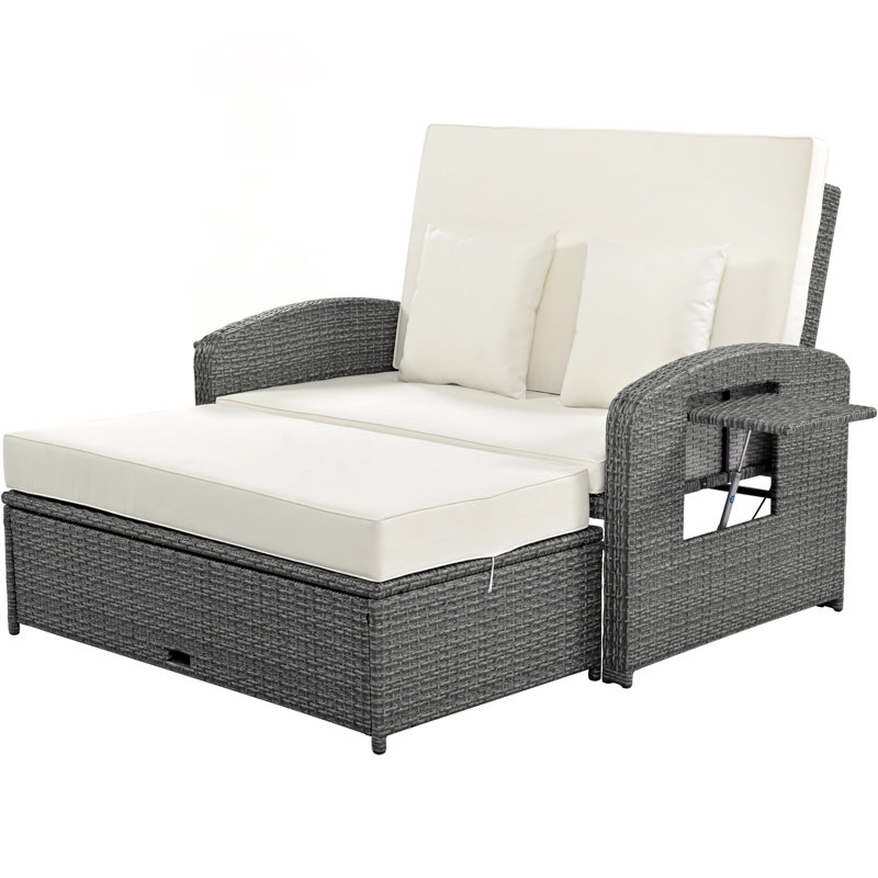 PE Wicker Rattan Double Chaise Lounge, 2-Person Reclining Daybed With Adjustable Back And Cushions, Free Furniture Protection Cover, White