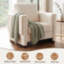 Fauteuil club beige bouclé à accoudoirs carrés, monobloc, accoudoirs en bois massif, coussin épais, piètement luge, pieds en bois d'hévéa-1977416306