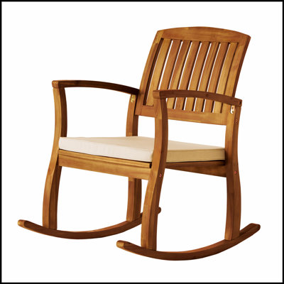 Élégante chaise berçante en bois d'acacia avec coussin confortable, parfaite pour la détente intérieure et extérieure.