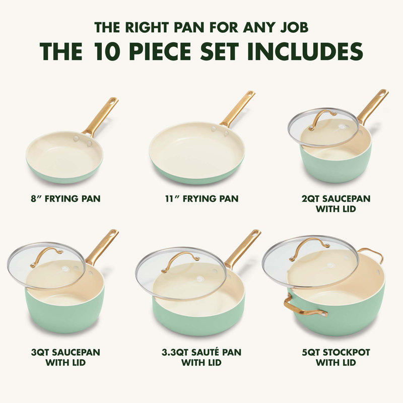 GreenPan Reserve Hard Anodized Healthy Ceramic Nonstick 10 Piece Cookware Set, Mint Green