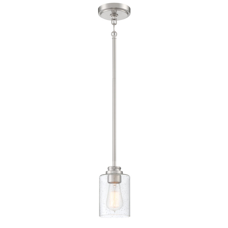 Luminaire suspendu cylindrique à 1 lumière , Nickel poli brossé, Martelée transparente