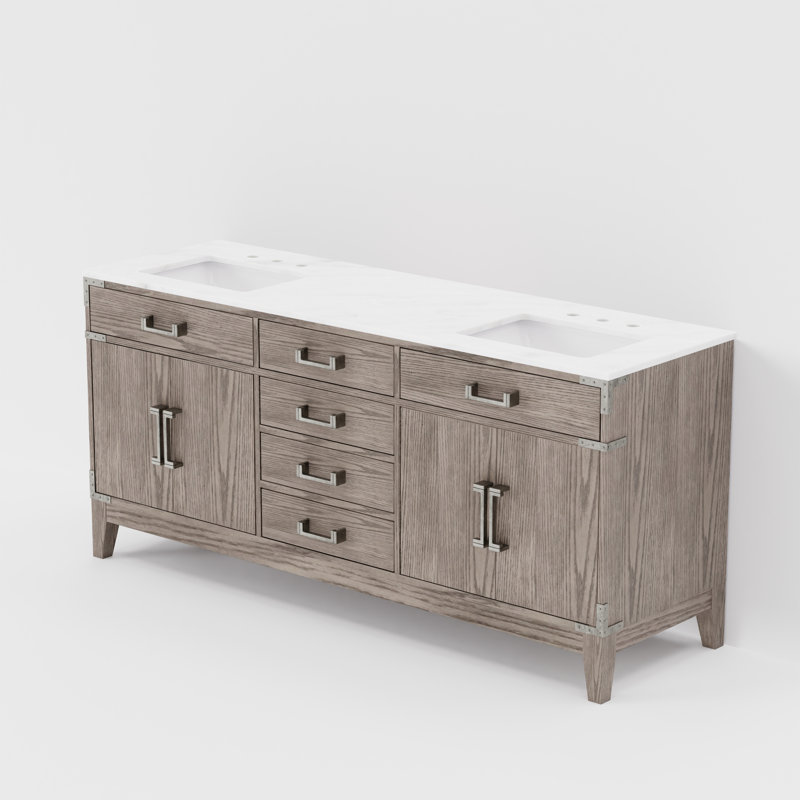 Plateau de meuble-lavabo double l 72 po x P 22 po Laurel, Marbre de Carrare blanc, Chêne gris