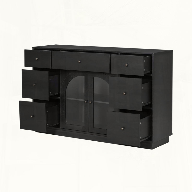 Armoire de rangement noire 55 avec 2 portes et 7 tiroirs, 15.8" H x 55.1" W x 35.8" D, Black