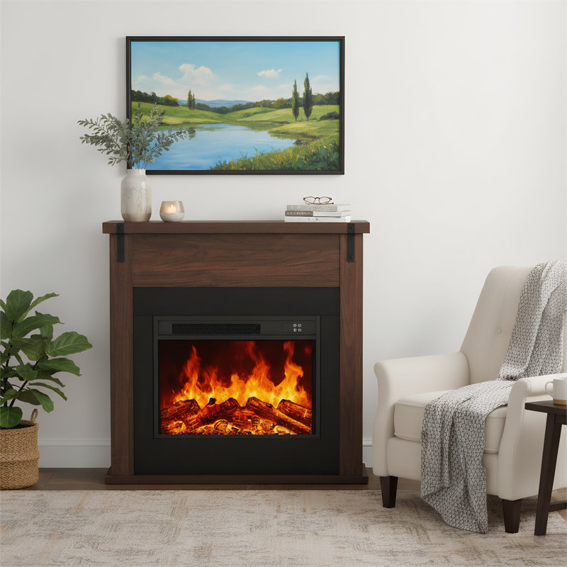 36" Freestanding Electric Fireplace With Mantel, Walnut