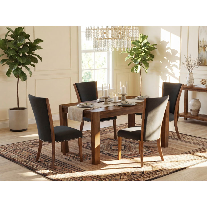 5 Piece Modern Dining Table Set Includes a Rectangle Rustic Wood Wooden Table and 4 Black Color Linen Fabric Upholstered Chairs, 36x60 Inch, Natural