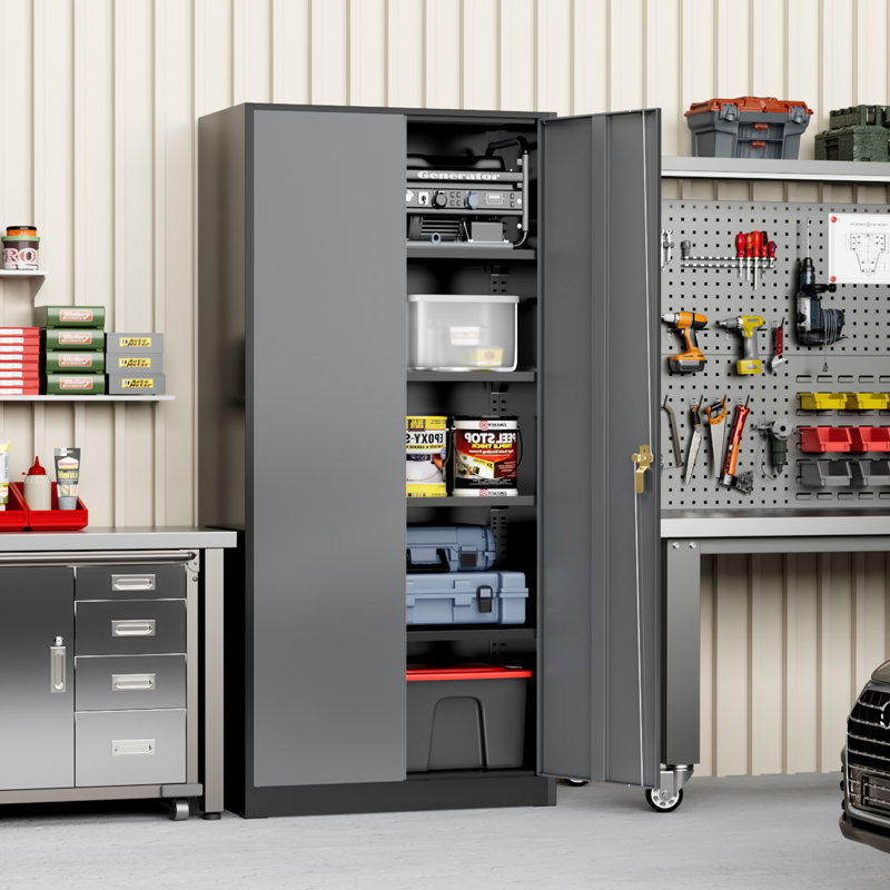 Steel Single Storage Cabinet with Lock ( 72'' H x 32'' W x 16'' D), Black/Grey