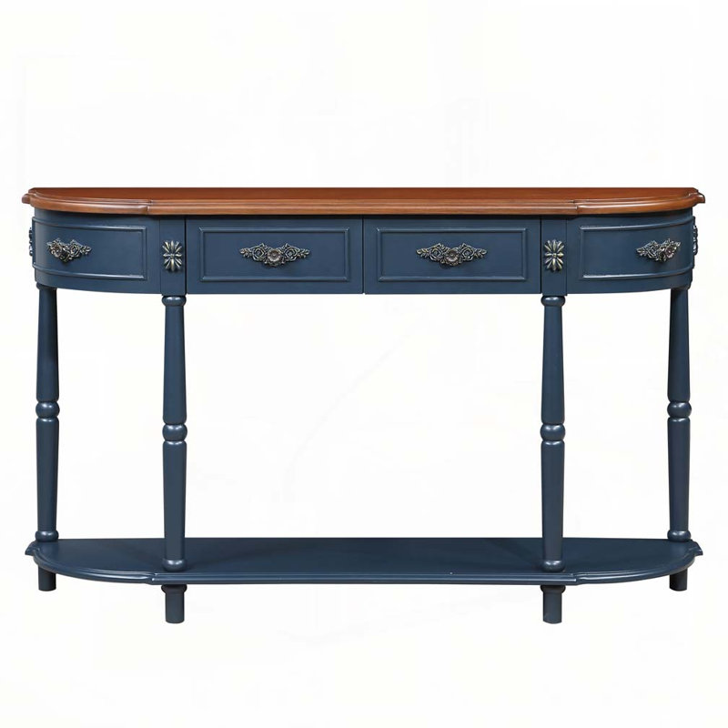 Retro Curved Wood Console Table with Open Shelf and 2 Drawers, Solid Wood Entry Table for Living Room, Brown/Navy Blue