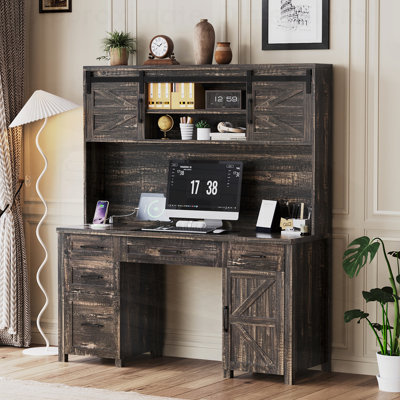 Bureau de direction Farmhouse avec huche et station de charge, rangement spacieux et tablette réglable pour l'efficacité du bureau à domicile