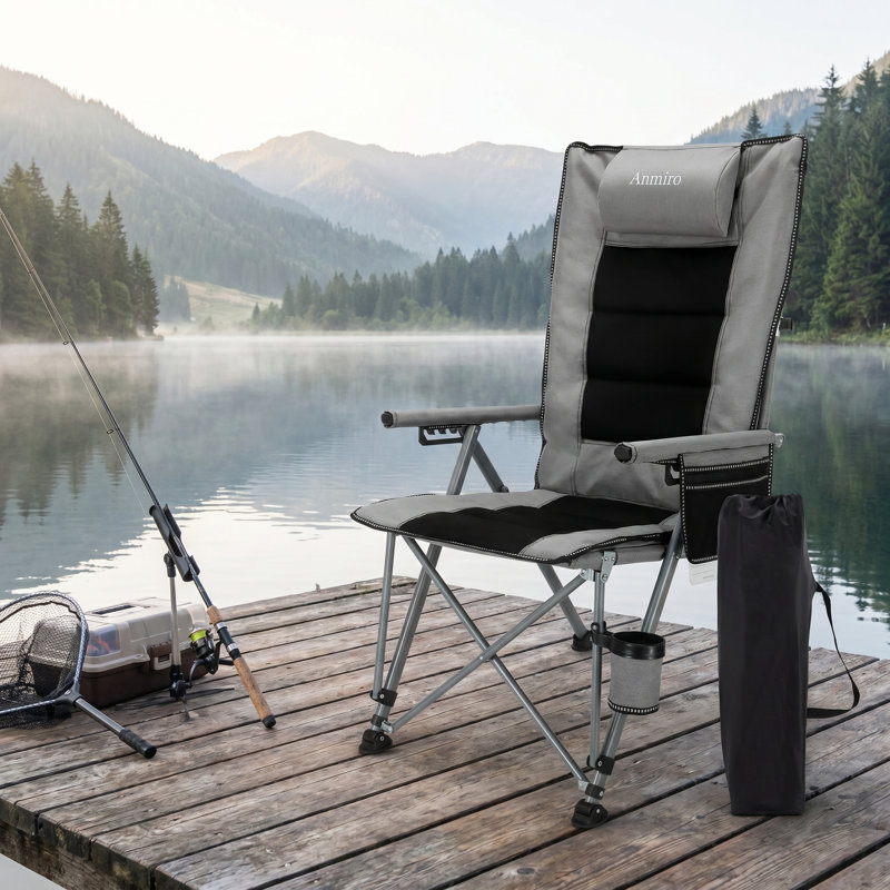 Chaise de camping inclinable réglable avec porte-gobelet et poche latérale, chaise d'extérieur pliante à haut dossier pour patio, camping, plage, gris