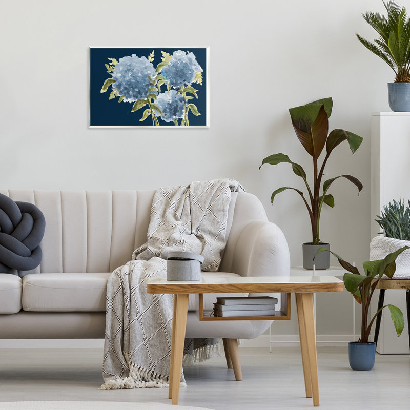 Plaque murale hortensias bleus sur indigo, design par Janice Gaynor, H 10 po x l 15 po