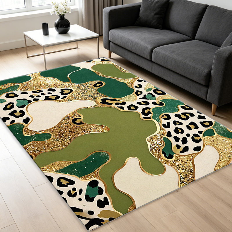 Green Beige Leopard Print carpet-easy to clean, machine-washable, soft and comfortable; suitable for door mats, kitchens, living rooms, bedrooms, corridors, and laundry areas. Easy to clean, durable carpet for home decoration.