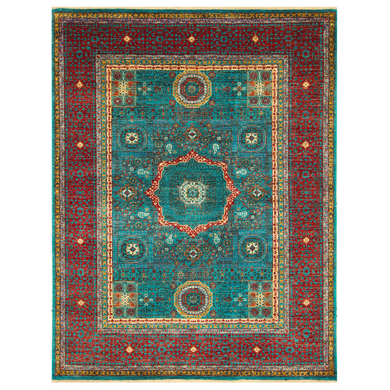 Tapis rouge et vert noué à la main de haute qualité