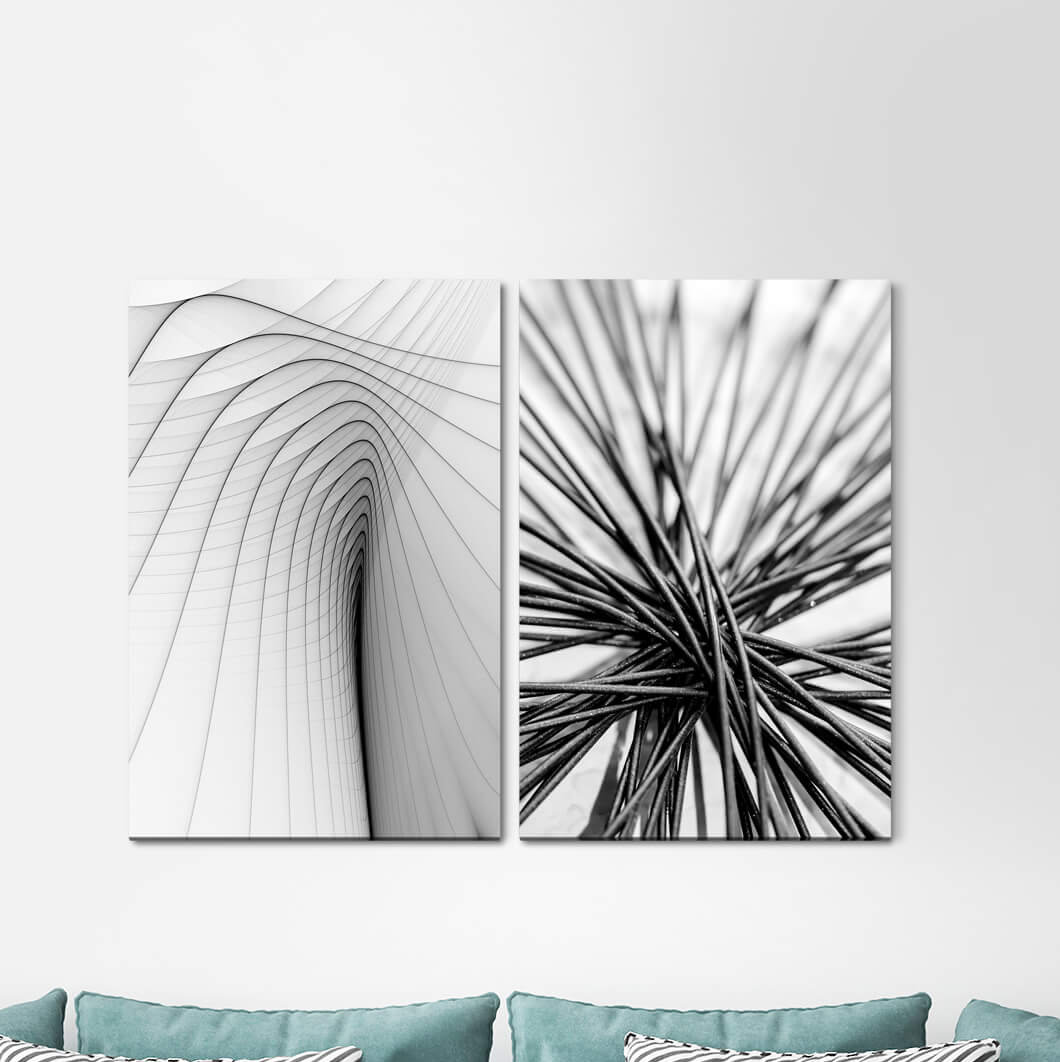 2-tlg. Leinwandbilder-Set - Grafikdruck „Abstract Waves Vibration Wire Minimal Black White Modern”