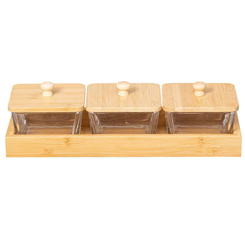 Ensemble de 3 bocaux carrés en verre avec couvercles en bambou et plateau en bois