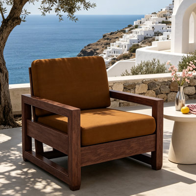 Chaise d'extérieur en bois de teck massif Gustina avec coussin et accoudoirs