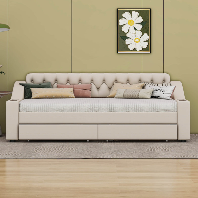 Twin Size Upholstered Daybed with Storage Armrests and USB Port, Beige