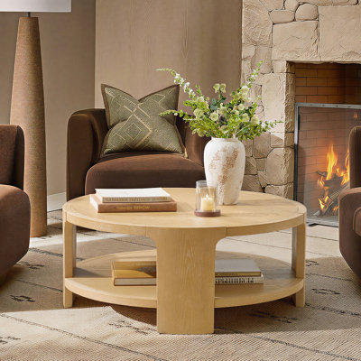 Waynesville Promise 42"W Modern Farmhouse Oak Solid Wood Round Coffee Table with Open Lower Shelf