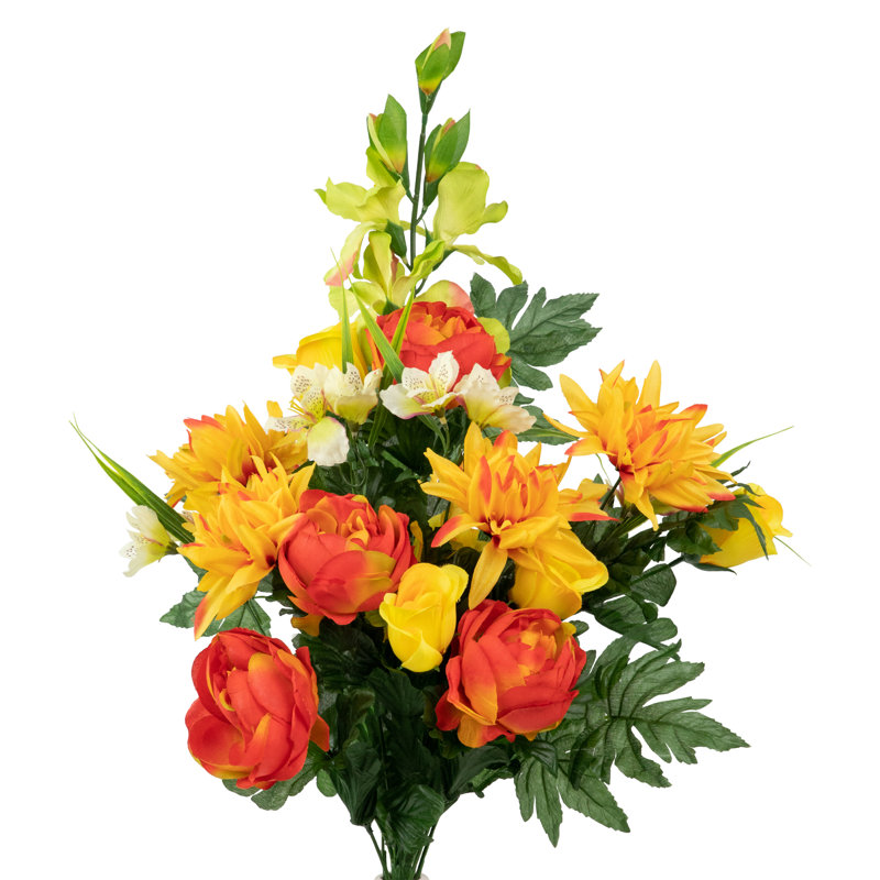 27" Orange and Yellow Dahlia, Peony, and Rose Silk Floral Bouquet