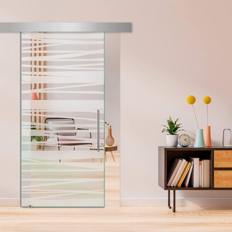 Porte de grange coulissante en verre sans cadre avec design moderne givré + ensemble de quincaillerie (semi-privée)