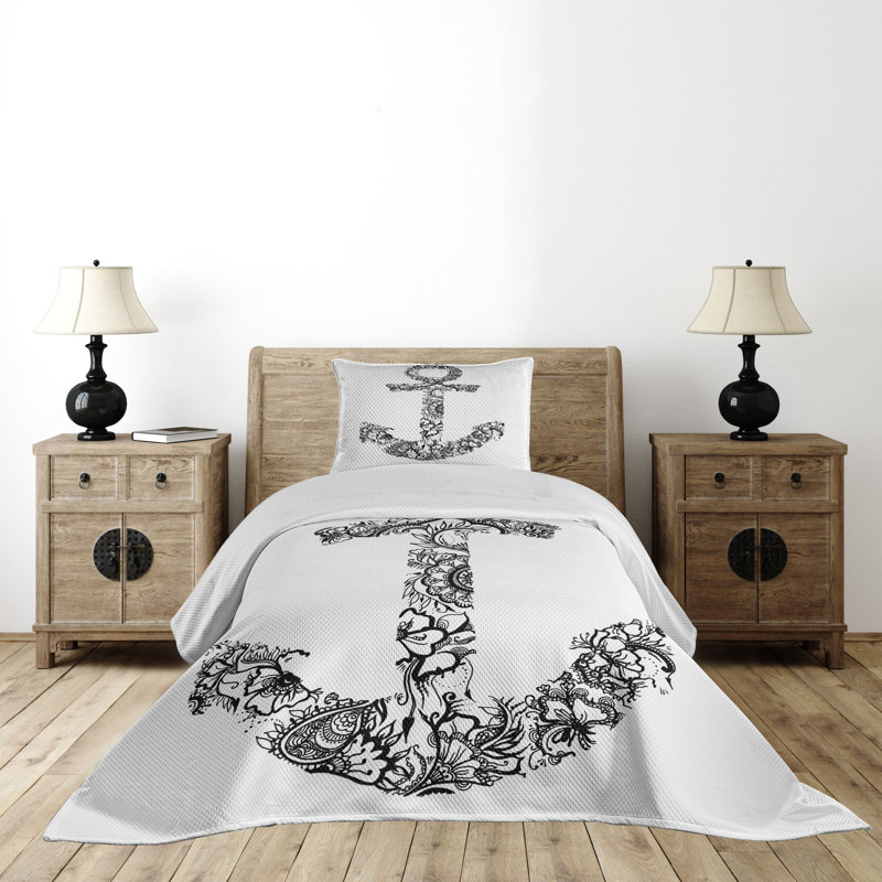 White Quilted Queen Bedspread Set with Anchor Design