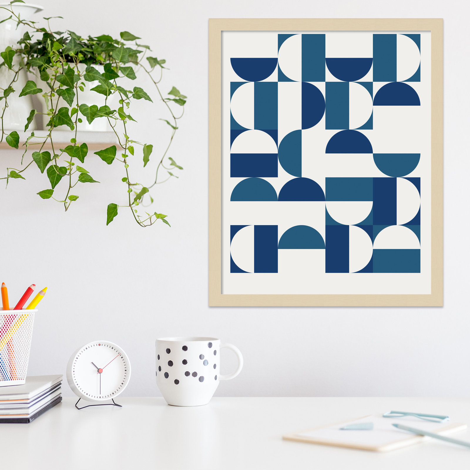 Bauhaus Geometric Blue and Teal Print, Brown, 21" H x 17" W x 1" D