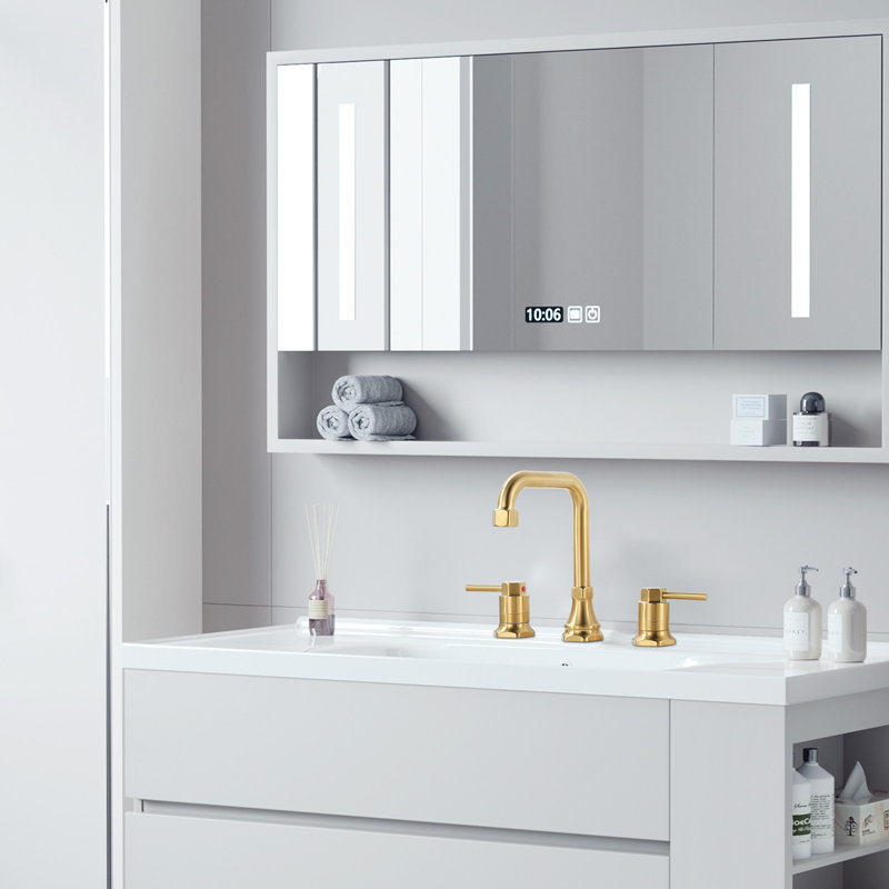 8 In. Widespread Double Handle Bathroom Faucet With Drain Kit Included And Supply Line In Brushed Gold