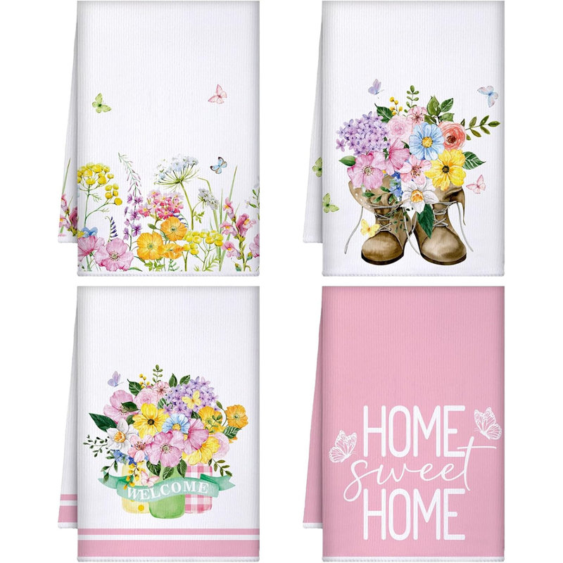 4 Pcs Sunflower Kitchen Towels Spring Summer Flower Floral Sea Beach Lemon Kitchen Hand Dish Towels Fast Drying Decor For Cooking(Pink,Flower)