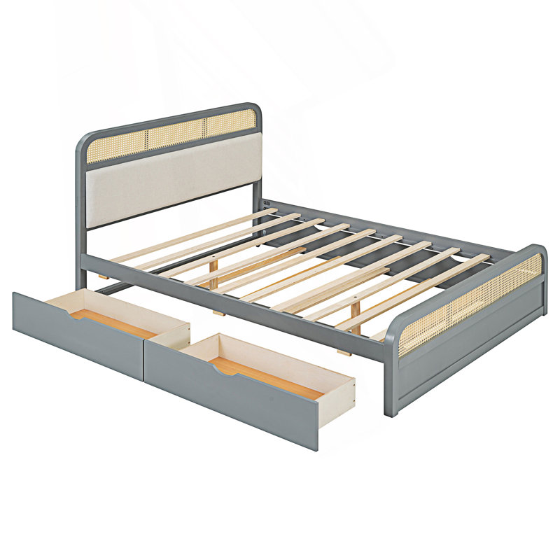 Grand lit plateforme moderne avec lit gigogne et 2 tiroirs, gris